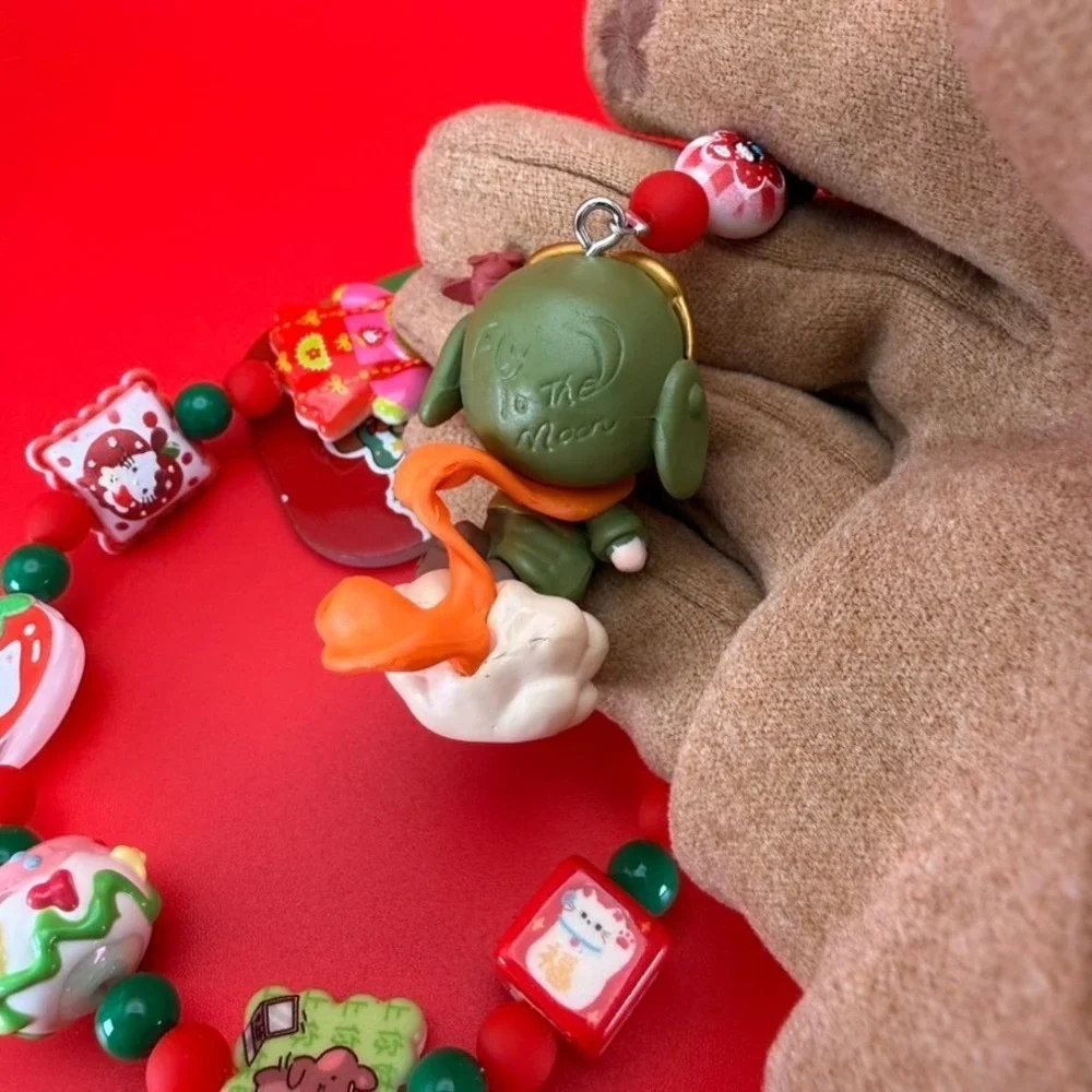 Handmade Xmas Aviator Girl Keychain Phone Bag Wristlet Red Green Charm 3 Layer